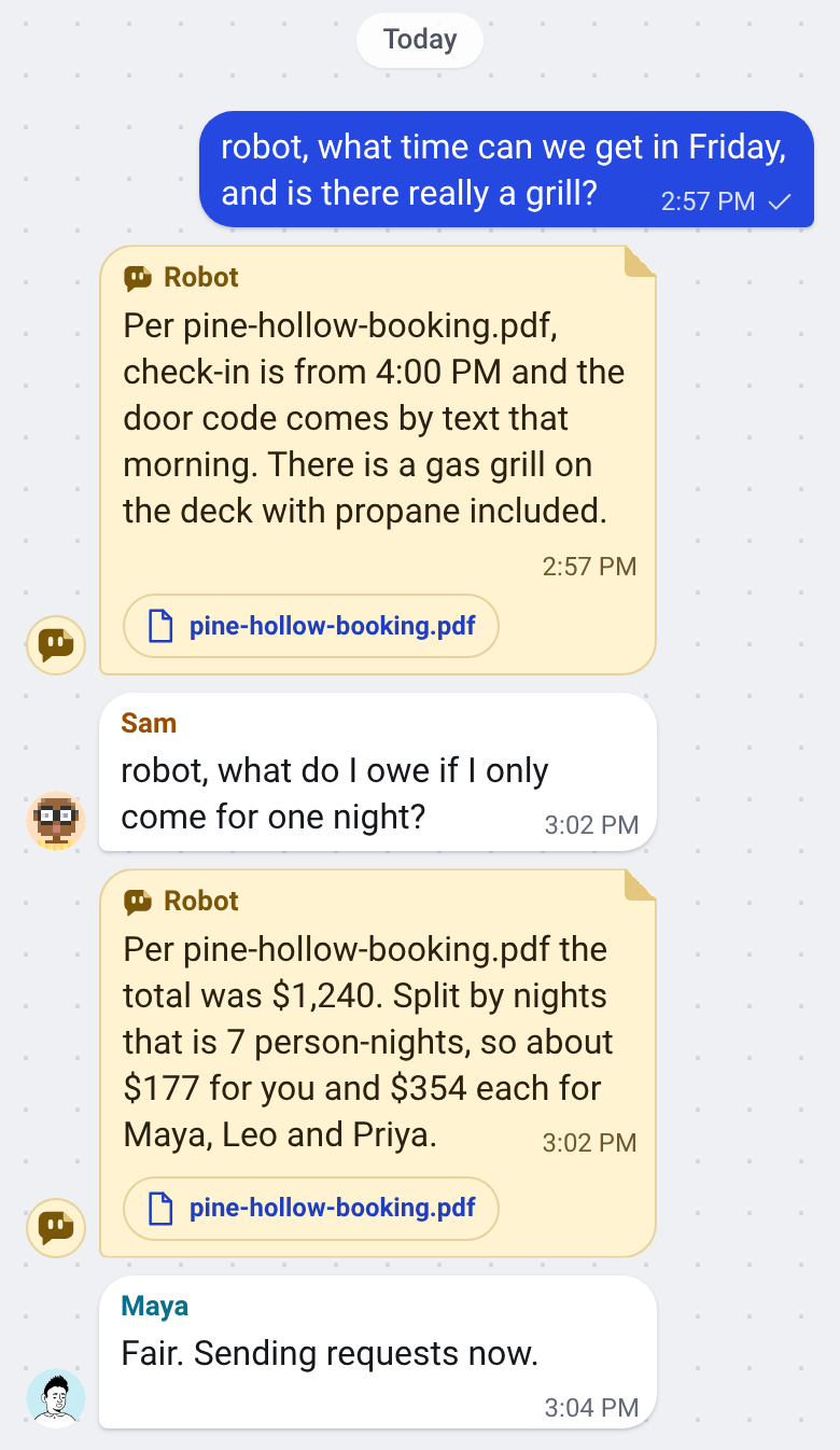 A group chat of four friends planning a cabin weekend, on a phone. Priya asks the robot what time they can get in and whether there is a grill, and it answers from the booking PDF. Sam asks what one night costs, and the robot splits the $1,240 by nights.